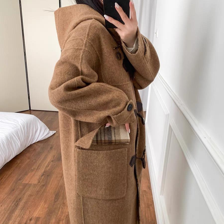 Классическое двустороннее шерстяное пальто в клетку с принтом "Медведь", пальто на роговых пуговицах для невысоких