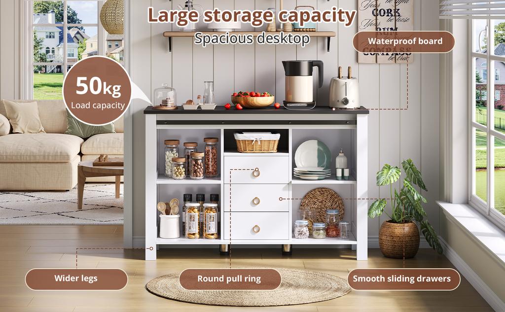 Buffet Cabinet, 120 cm Wide Side Cabinet with Sliding Doors and 3 Drawers, Rustic Wood Coffee Bar Table, for Kitchen, Dining and Living Room, White