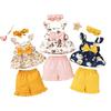 Summer 2024 New Pop Girls Outfit Baby Bow Headband Sleeveless Small Floral Suspender Top Solid Color Shorts Three Piece Set