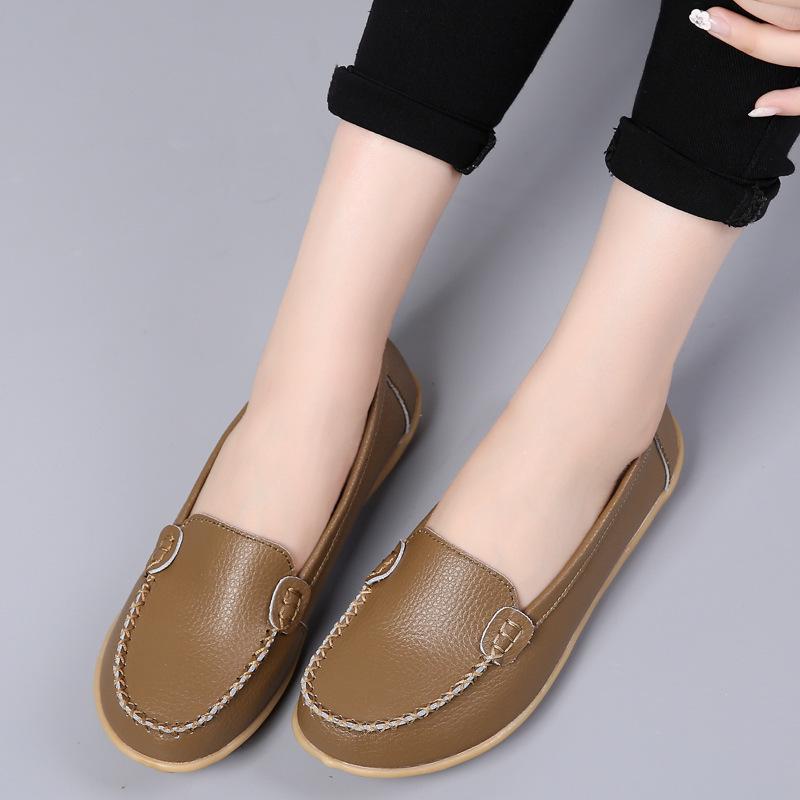 2024 Spring Women Round Toe Shallow Flat Shoes Leather Breathable Moccasins Women Boat Shoes Ballerina Ladies Casual Shoes 34-44