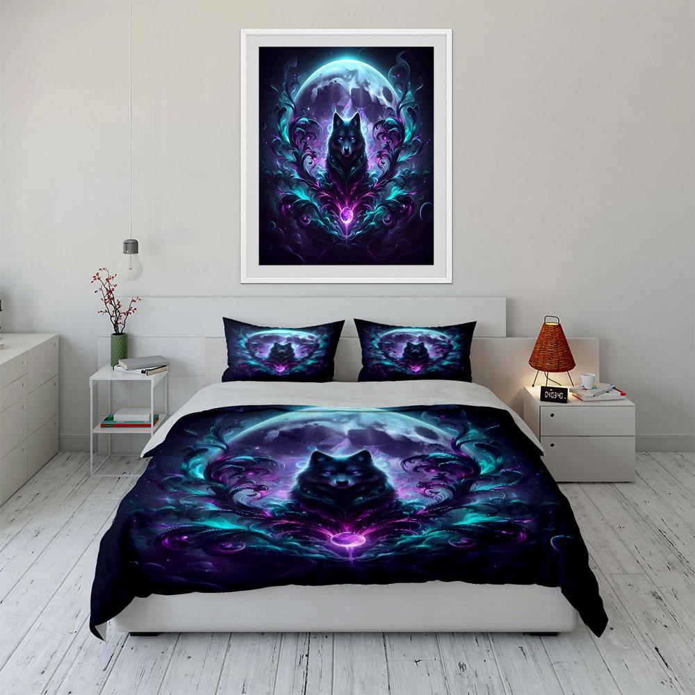 Mystical Wolf and Moon Design Bedding Duvet Cover Set (1*Duvet Cover 2*Pillowcases, without duvet insert)