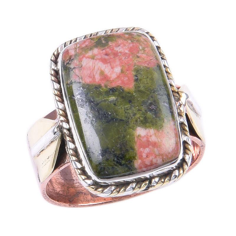 Двухцветное кольцо ручной работы из стерлингового серебра 925 пробы с натуральным драгоценным камнем унакитом S.7.5 B4G94
