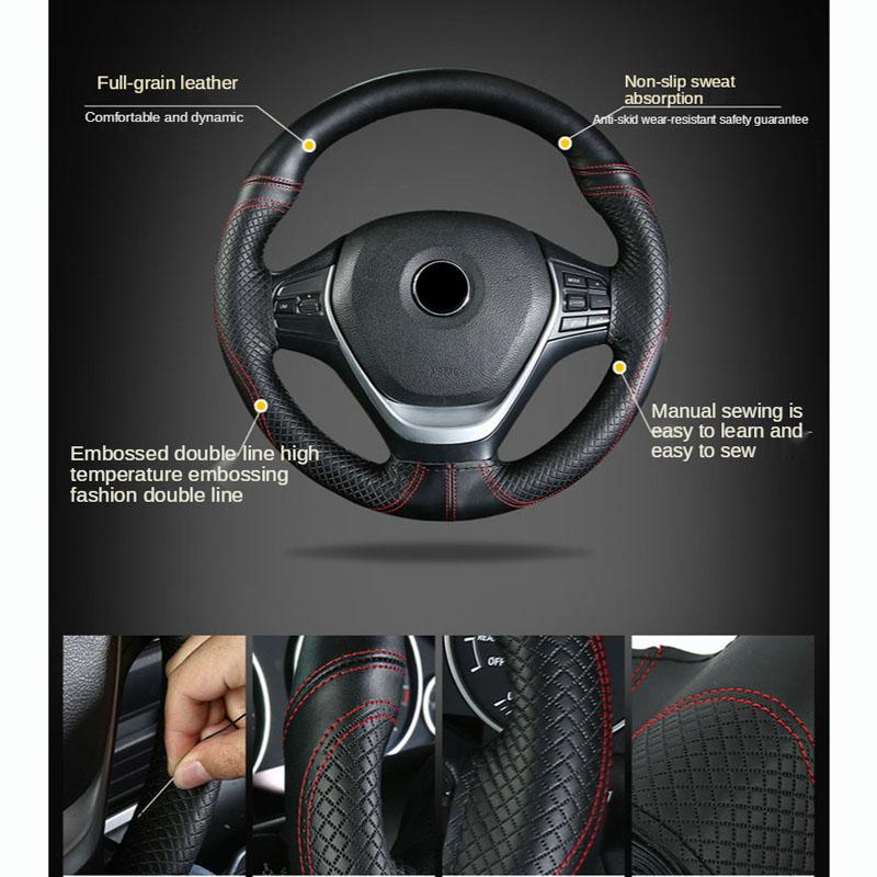 Genuine Leather Braid Steering Wheel Cover 15 Inch Embossing Hand Stitch Car Steering Wheel Interior Accessories