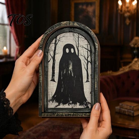Рамка для фото из массива дерева Хэллоуин Винтажная Арка Деревянный Знак, Готический Жуткий Призрак Настенное Украшение Темная Академия с Подставкой, Рустикальная Эстетика Дома