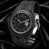Men's Iced Out Watch 42mm Analog Quartz Watches with Rhinestone Inlay Zinc Alloy Bracelet Hip Hop Bling Luxury Wristwatch with Date Display