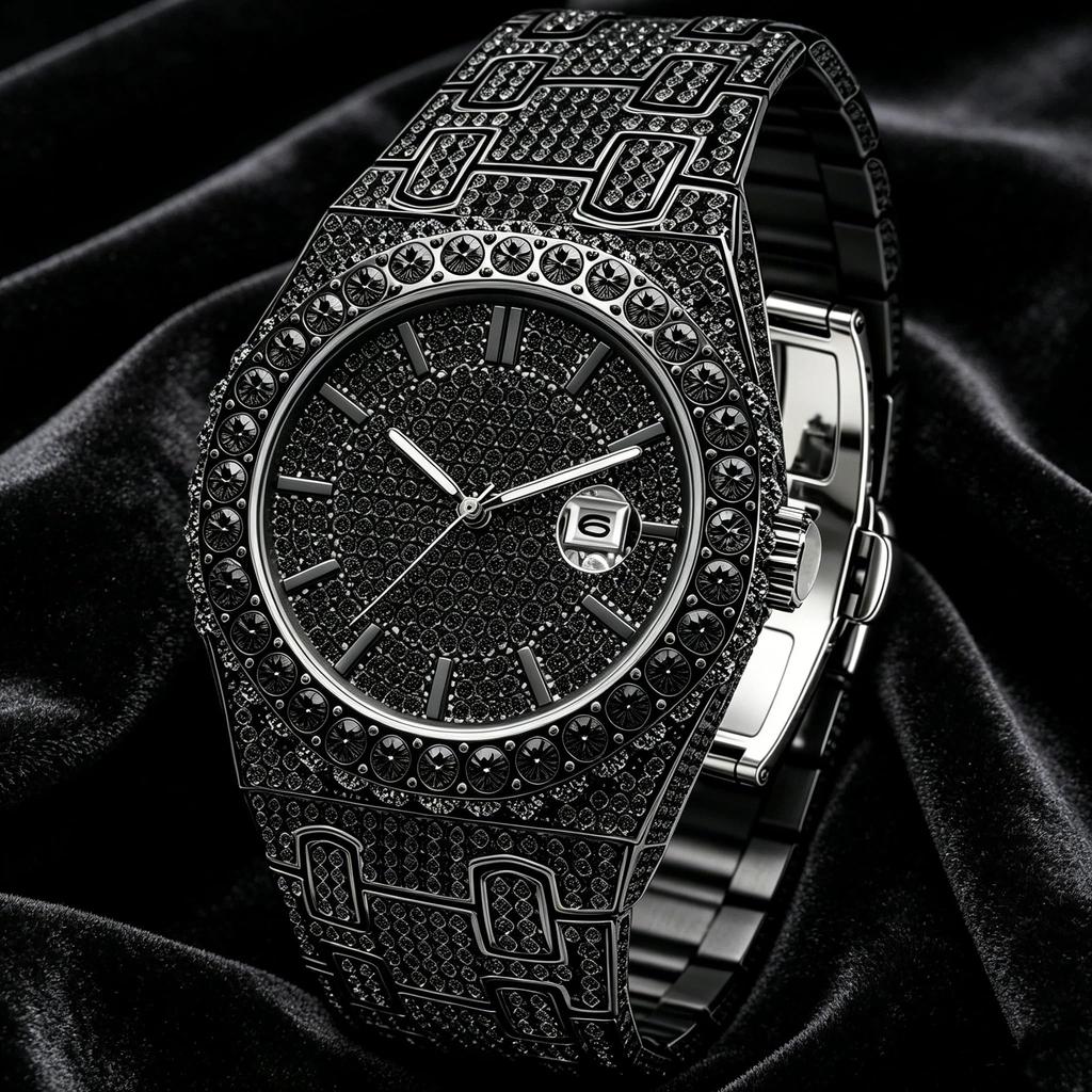 Men's Iced Out Watch 42mm Analog Quartz Watches with Rhinestone Inlay Zinc Alloy Bracelet Hip Hop Bling Luxury Wristwatch with Date Display