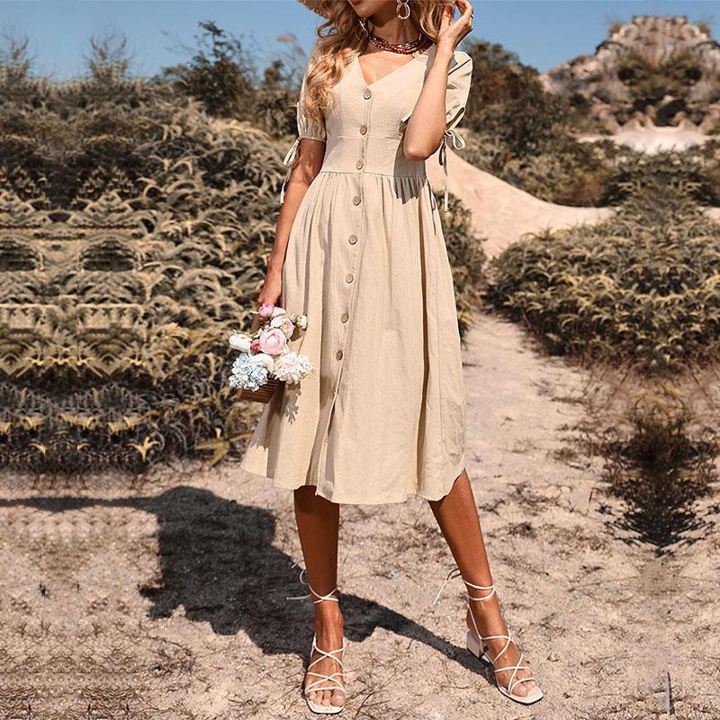 Женские модные летние весенние однотонные повседневные платья с v-образным вырезом и короткими рукавами и высокой талией