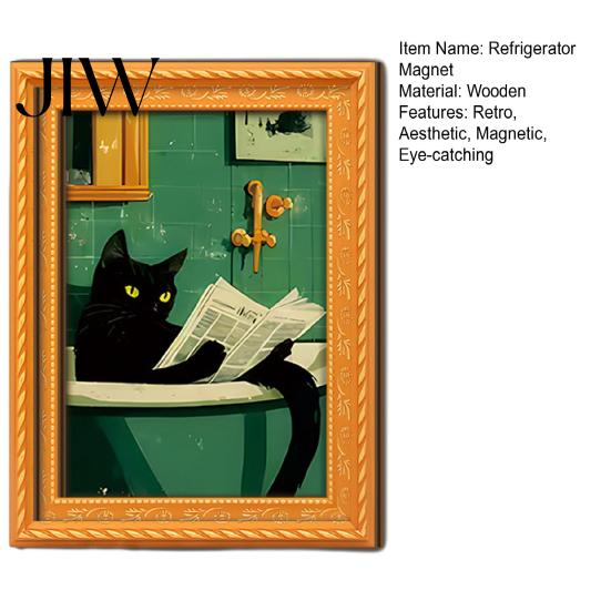 Decorative Magnetic Frames for Dorm Room Funny Wooden Fridge Magnets Frame, Retro Cute Cat in Bathroom Minimalist Gallery Refrigerator Locker