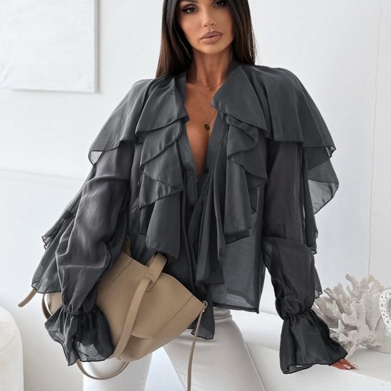 French Design Ruffle V-Neck Long Sleeve Shirt Women 2026 Versatile Commute Blouse