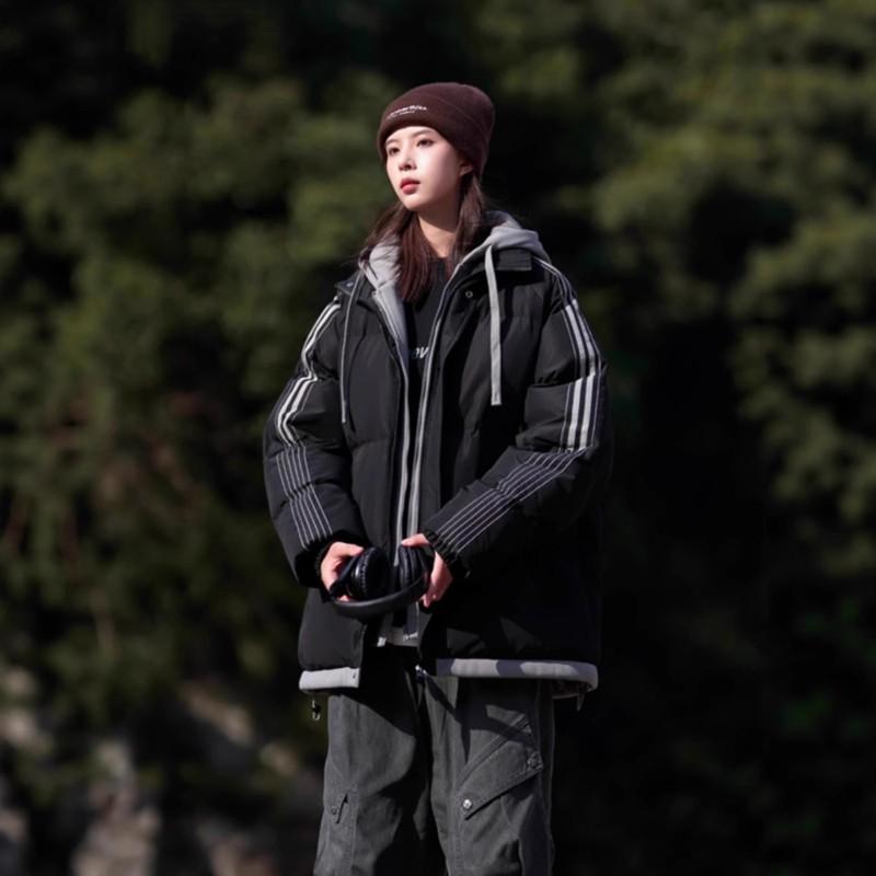 Winter Korean Style Faux Two-piece Knit Hooded Padded Jacket Thick Couple Outerwear Trendy