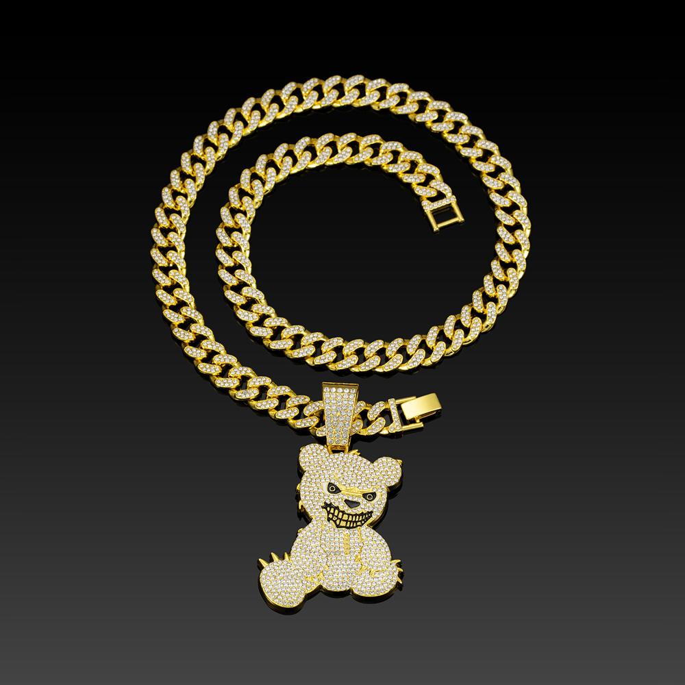 Men Women Hip Hop Bear Shape Pendant Necklace with 13mm Crystal Cuban Chain Iced Out Bling Bling Necklaces HipHop Punk Jewelry