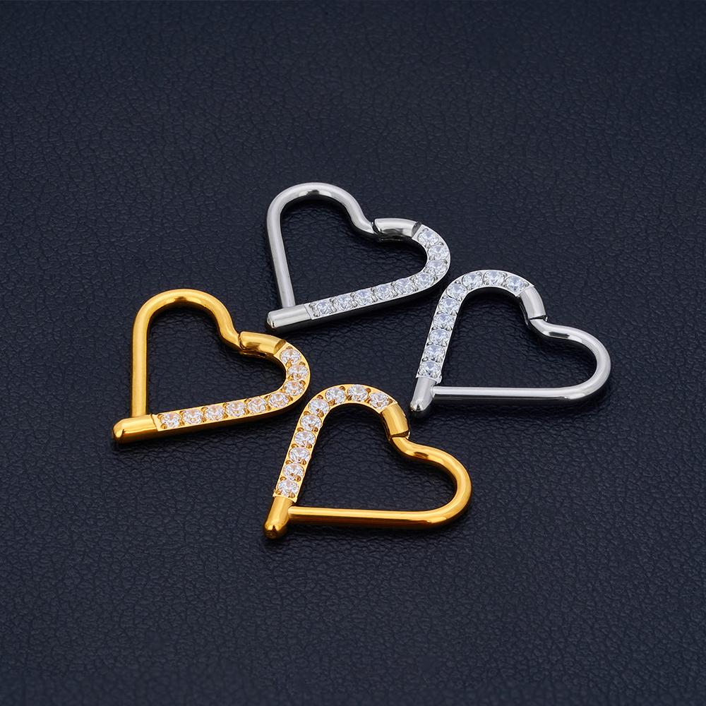10 шт. Титановое кольцо для пирсинга Дэйт в форме сердца ASTM F136, кольцо-хуп для уха, хряща, трагуса, хеликса, на шарнирном сегменте, с прозрачным кубическим цирконием