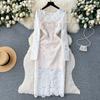 Весенне-осеннее элегантное водорастворимое кружевное платье-карандаш с длинными рукавами, женские вечерние платья с v-образным вырезом и вырезом на крючках с цветами