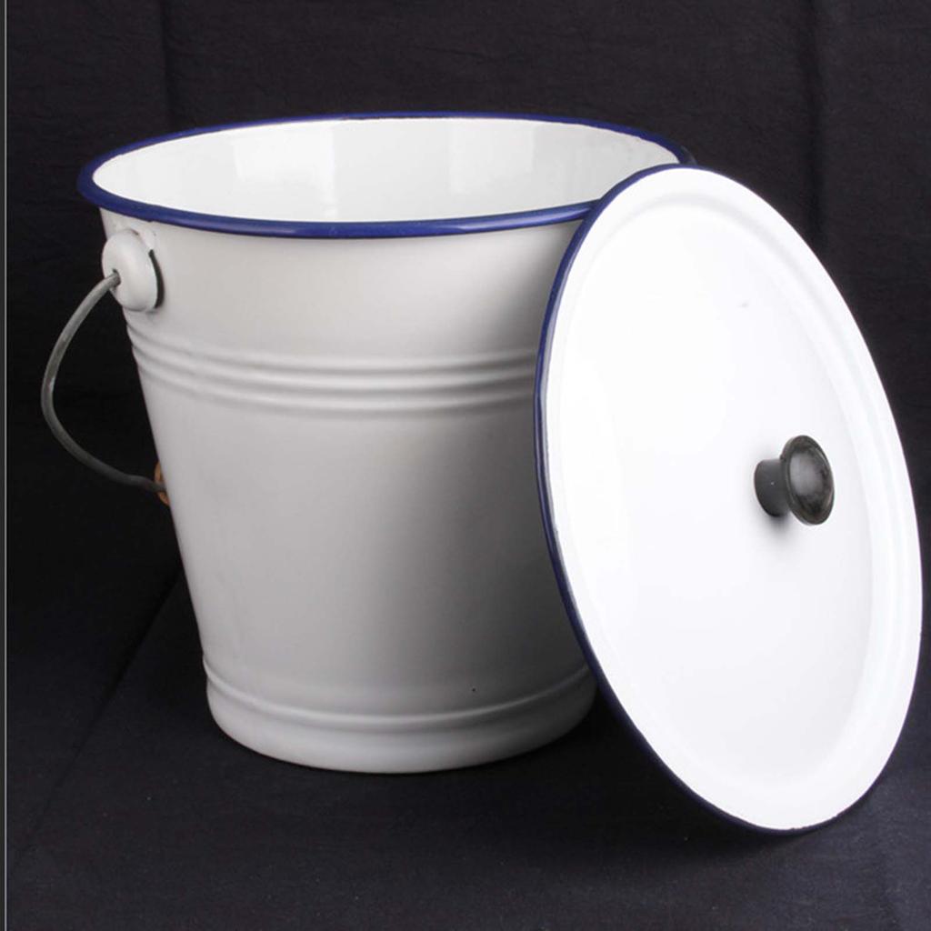 Enamel Bucket with Wood Handle Multiuse with Lid Pails for Garden Party Favors Water Oil Rice Outdoor Activities Organizing