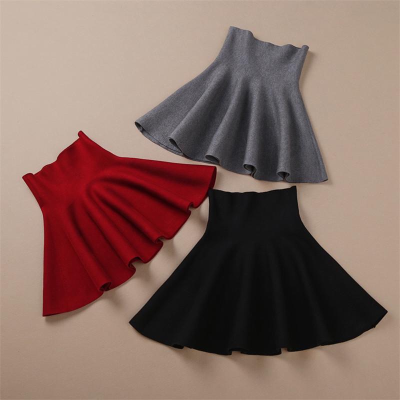 Women High Waist Knitting Woolen Skirt Ladies Slim Elastic Pleated Flared Skirts
