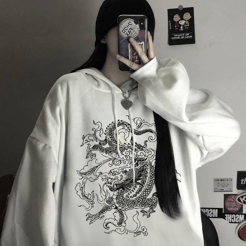 Gothic Dragon Print Hoodies Women Harajuku Vintage Hoodie Sweatshirt Oversized Streetwear Y2k Casual Winter Autumn Grunge Coat