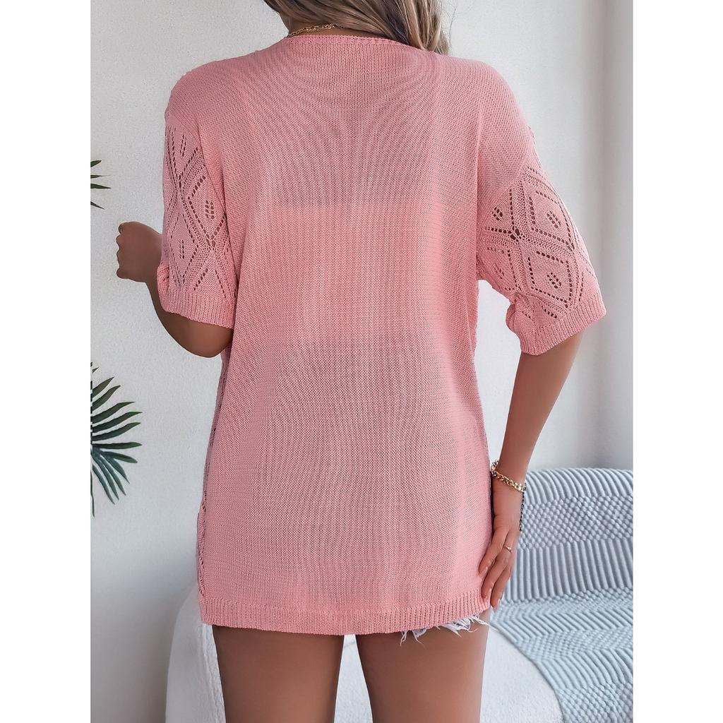 HNXC Summer Cut-out Checkered Short-sleeved Knitted Cardigan for Beach Sun Protection Women's Wear