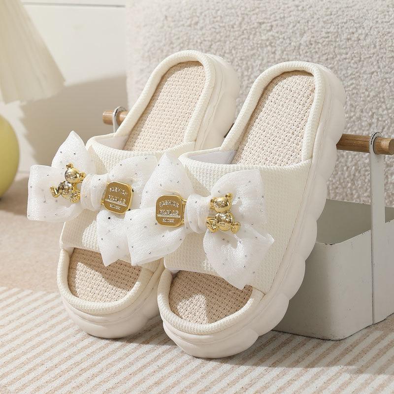 Мода 2025 Лето Льняные Женские Тапочки Домашние Тапочки Удобная Толстая Подошва Платформа Женские Модные Бант Комнатные Тапочки Оптом