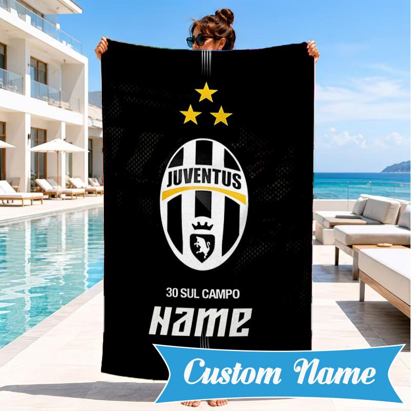 Custom Name Beach Towel Juventus Team Crest Microfiber Beach Towel, Lightweight for Summer Travel, Swimming Pool Fan Birthday Gift