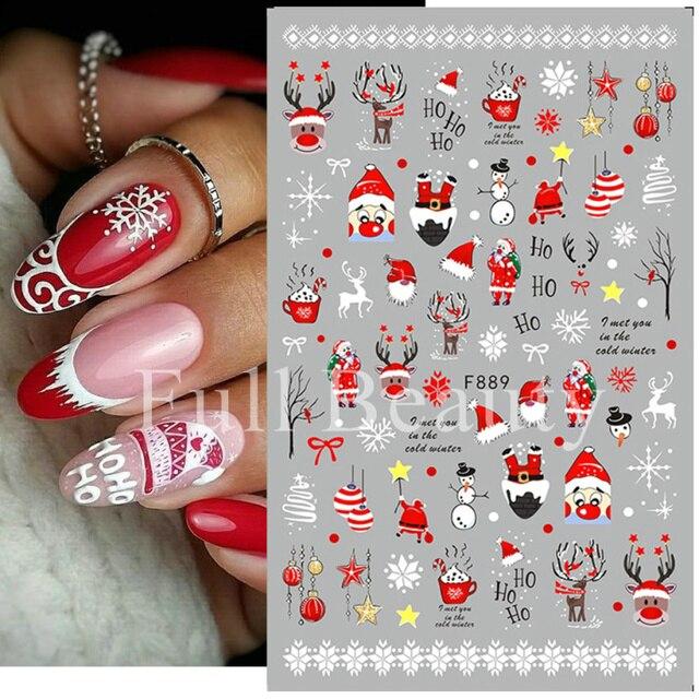 Рождественские наклейки для ногтей Пингвин Санта-Клаус Лось Дерево Олени Медведи Мультяшные ползунки Белые снежинки Наклейки Украшения для дизайна ногтей