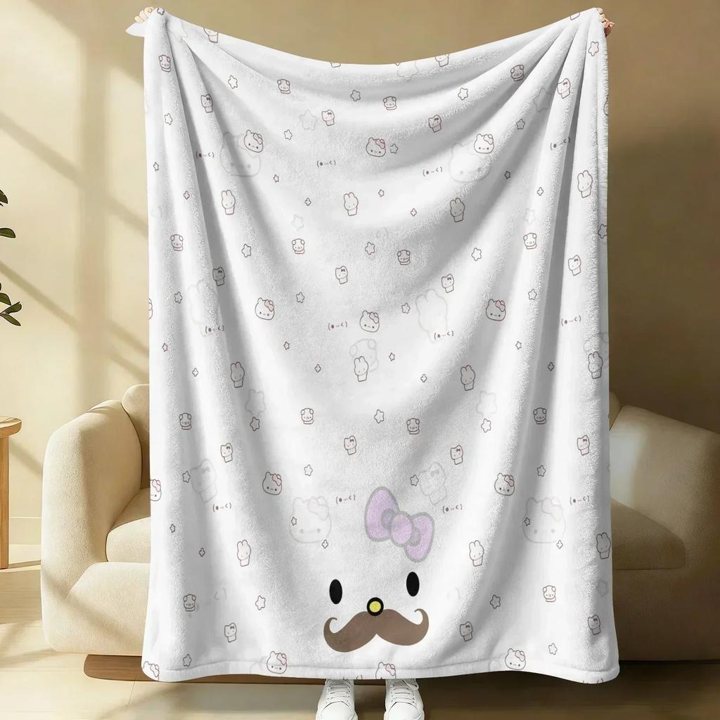 Sanrio Lovely Hello Kitty Plush Flannel Blanket Blue & White Stripe Lightweight Throw Bed Sofa Cover School Office Nap Shawl