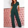 Women Short Sleeve V Neck High Waist Solid Color Jumpsuits Casual Wide Leg Belted Rompers