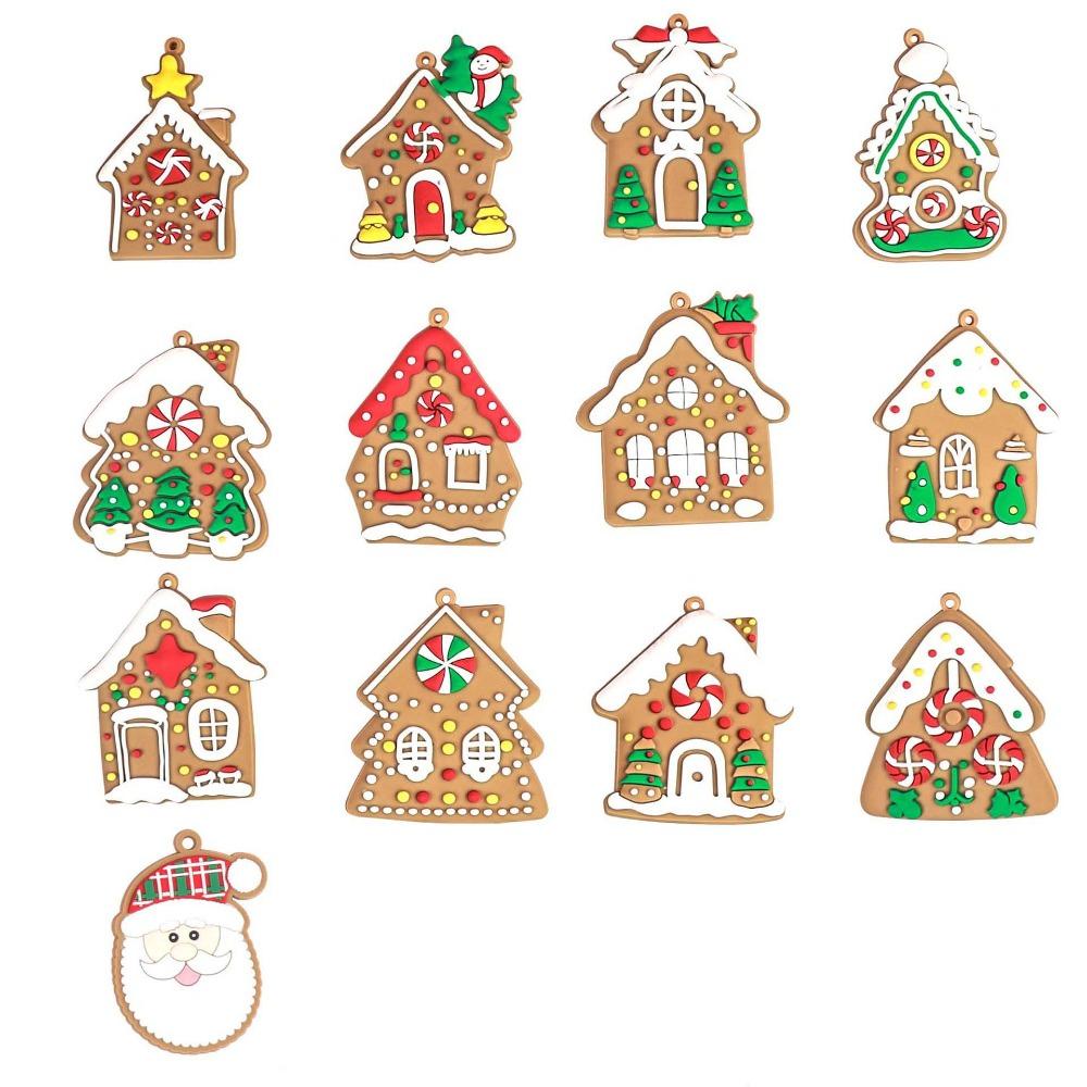 8/16Pcs Mixed Pattern Christmas Gingerbread House Pendant Candy Color PVC Cottage Hanging Ornaments with Hanging Chain DIY
