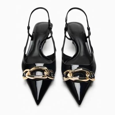 2024 модная женская обувь высокого качества, женские сандалии на высоком каблуке с острым носком и неглубоким ртом, на цепочке