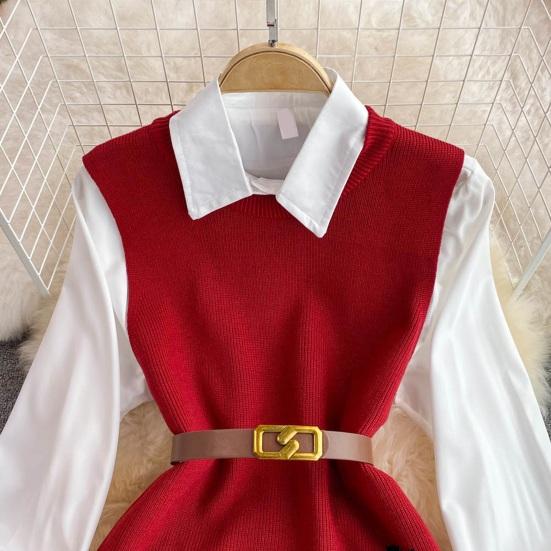 3Pcs/Set Women Shirt Vest Set Lapel Lantern Long Sleeve Single Breasted Shirt O-neck Side Slit Knitting Vest Set with Belt