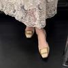 Inner heightening version~ French square head metal buckle shallow mouth single shoes femininity hollow leather one pedal commuter sandals
