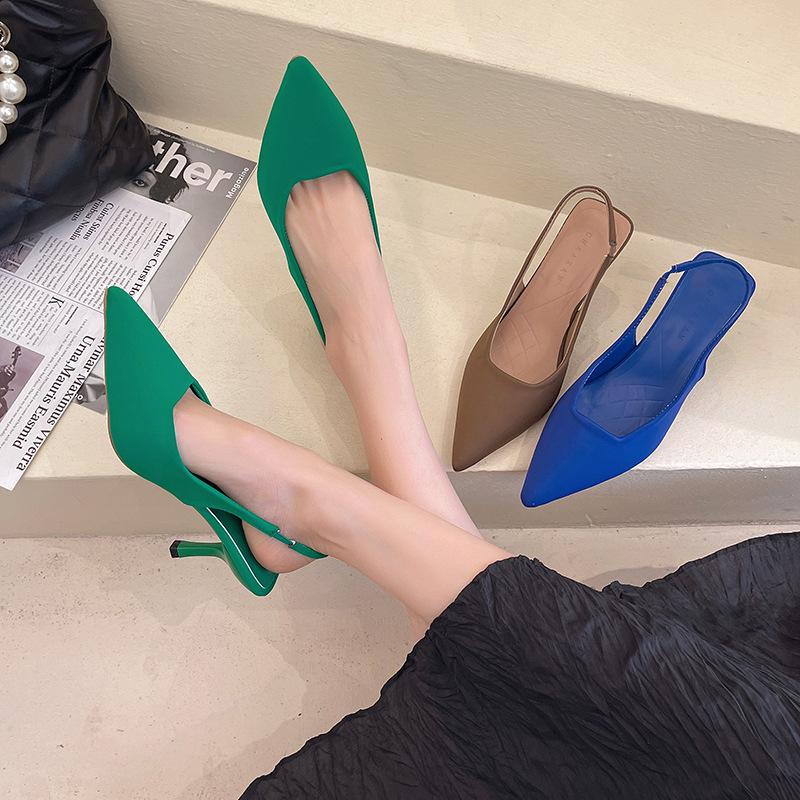 Весна 2025 новая пустая сумка голова сандалии женские высокие каблуки зеленый большой размер женская обувь острый носок тонкий каблук средний каблук одинарная обувь