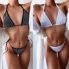 European & American Sexy Rhinestone Bandage Halter Bikini - Solid Color