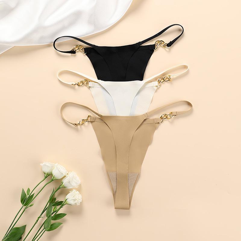 Women's Metal Buckle Ring Thongs Low Waist Seamless Bikini Panties One Piece High Elasticity Breathable Triangle Cotton Crotch