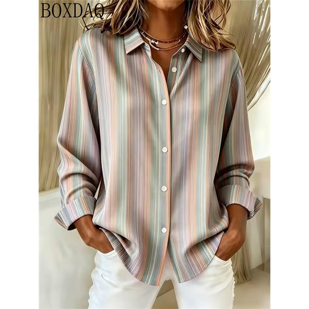 Women's Summer Button Up Blouse with Multi Colored Striped Print Lapel Women's Shirt Long