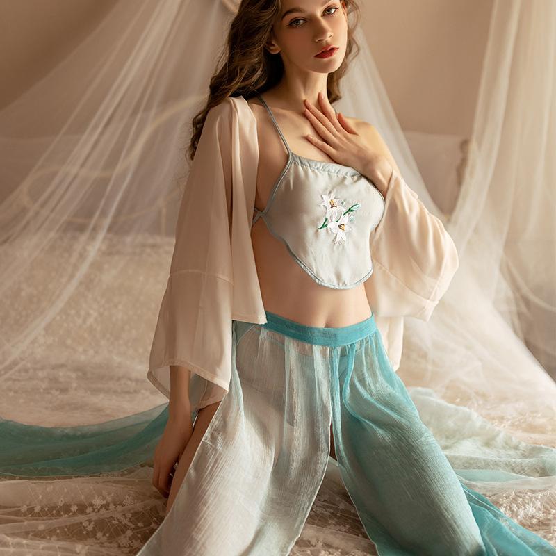 Classical belly pocket chiffon perspective uniform temptation sex suit hot pure desire light yarn antique embroidery sex pajamas