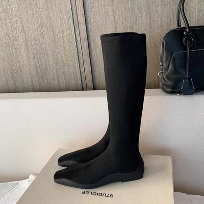 Сапоги-чулки из овчины с квадратным носком и высоким голенищем, женские рыцарские сапоги на плоской подошве, эластичные сапоги-носки, сапоги-чулки