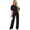 Women Jumpsuit with Lace-up Belt Wide Leg Short Sleeves Pure Color O Neck High Waist Outfit Casual Formal Long Romper Outfit