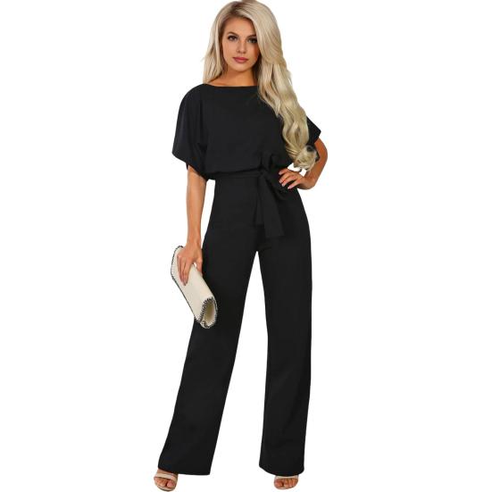 Women Jumpsuit with Lace-up Belt Wide Leg Short Sleeves Pure Color O Neck High Waist Outfit Casual Formal Long Romper Outfit