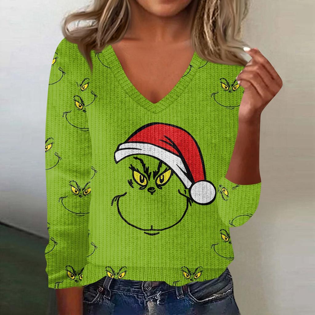 Women's Cute Sweatshirt Knitted Fashion Casual V-neck Long-sleeved Cozy Print Top