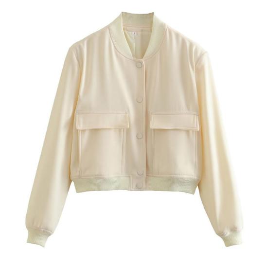 Женская повседневная куртка с длинными рукавами и воротником-стойкой, сплошной цвет, застежка на пуговицах, большой карман, короткие женские женские бомберы, укороченное пальто, верхняя одежда