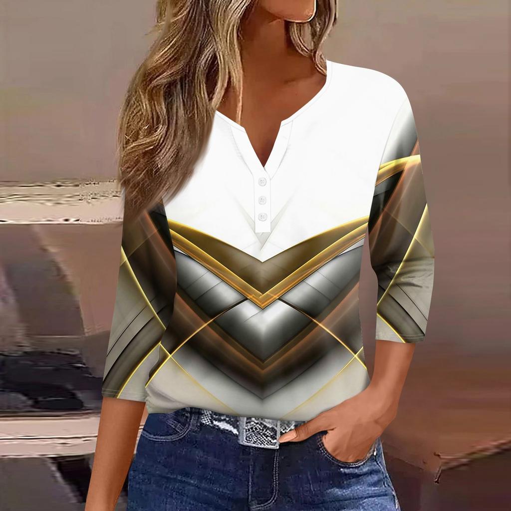 Жен. Футболка С принтом Пуговицы Рукав 3/4 Повседневные Выходные Мода Классический V-образный вырез Обычный Верх