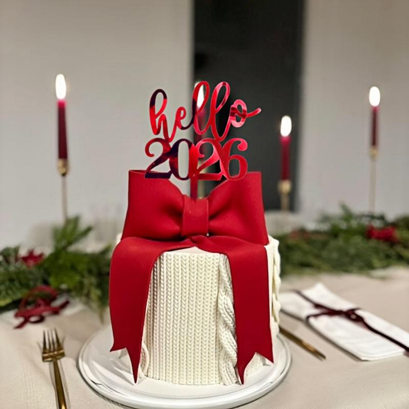 1Pc Happy Year Cake Topper Golden Red Hello 2026 Acrylic Cake Topper For Christmas Xmas Year Party Cake Decorations