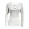 Women Top Slim Fit Button Closure Round Neck Hollow Out Lace Patchwork Long Sleeve Stretchy Solid Color Soft Pullover Lady T-shirt