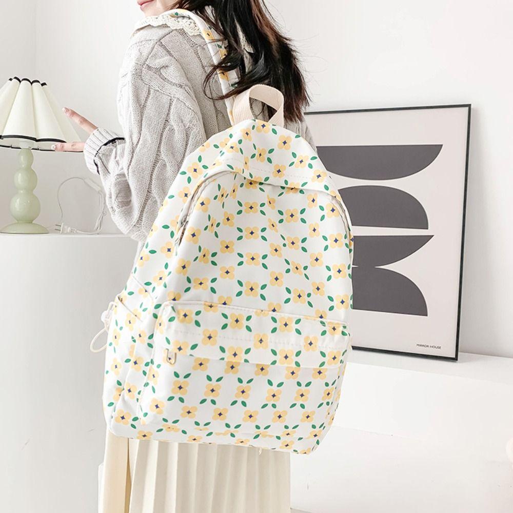 Nylon Floral School Bag Aesthetic Shoulder Bag Large Capacity Students Backpack  Travel
