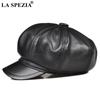 ЛА СПЕЦИЯ Натуральная Кожа Мужская Женская Кепка Газетчика Овчина Мужской Берет Винтаж Высокое Качество Мужская Женская Черная Восьмиугольная Кепка