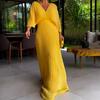 Women Evening Dress Dolman Sleeves Pleated V Neck Pure Color High Slim Waist Full Length Party Prom Maxi Dress