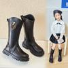 Сапоги для девочек теплые 2024 года, новые осенне-зимние модные детские универсальные нескользящие высокие сапоги со стразами для подиума, детские дышащие сапоги из искусственной кожи