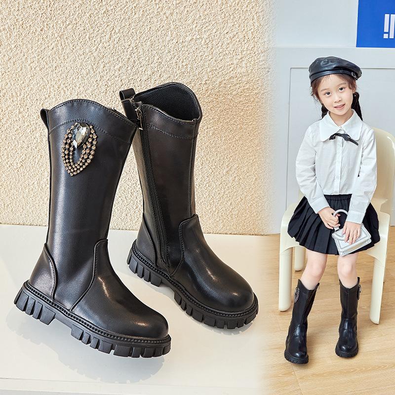 Сапоги для девочек теплые 2024 года, новые осенне-зимние модные детские универсальные нескользящие высокие сапоги со стразами для подиума, детские дышащие сапоги из искусственной кожи