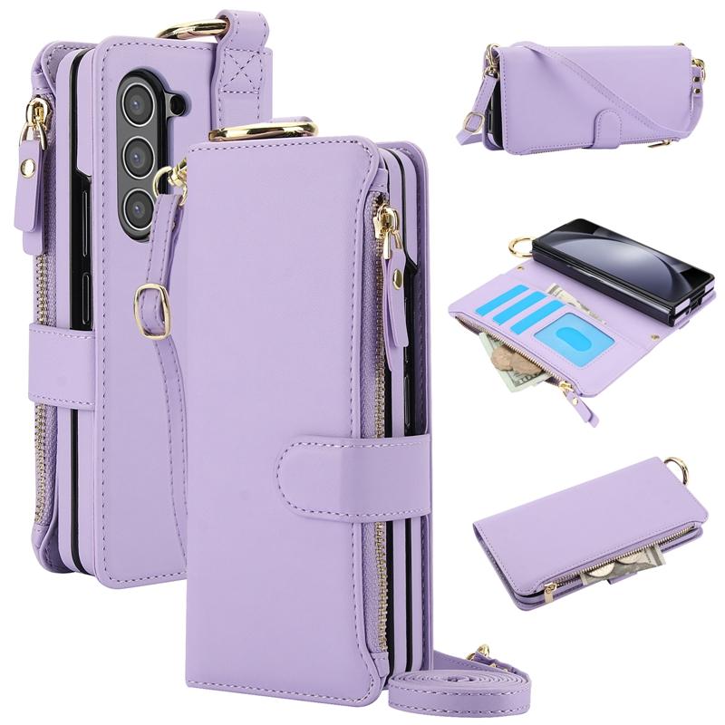 CrossBody Multi-function Wallet case for Samsung Galaxy Z Fold 6, Ring Holder Leather case for Galaxy Z Fold 5 With Lanyard