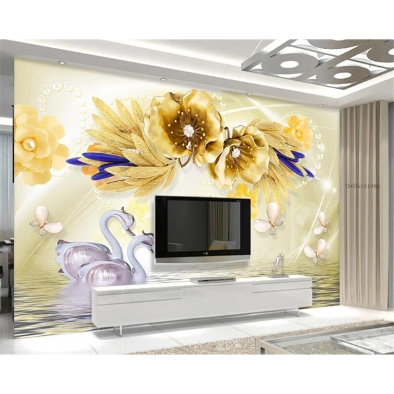 Wallpaper Golden Flower Swan Lake Jewelry Wall Mural Tv Backdrop Living Room Bedroom 3d Wallpaper Mural